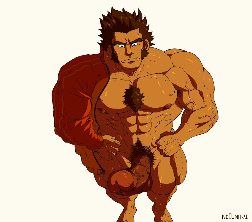 1boy abs ace_attorney arm_out_of_sleeve armpit_hair armpit_hair_peek artist_name bara brown_hair chest_hair chest_tuft foreskin_pull highres huge_penis jacket large_pectorals long_sideburns male_focus male_pubic_hair muscular muscular_male navel ne0_navi nipples nude pectorals penis pubic_hair short_hair sideburns simple_background solo testicles track_jacket unzipped veins white_background will_powers