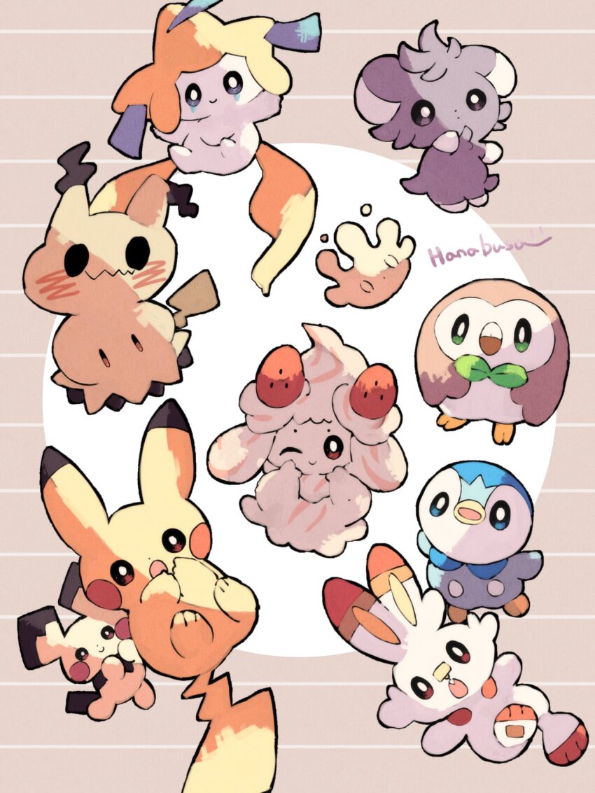 alcremie brown_eyes closed_mouth espurr evolutionary_line food fruit gen_1_pokemon gen_2_pokemon gen_3_pokemon gen_4_pokemon gen_6_pokemon gen_7_pokemon gen_8_pokemon hanabusaoekaki highres jirachi legendary_pokemon milcery mimikyu mythical_pokemon nintendo no_humans open_mouth pichu pikachu piplup pokemon pokemon_(creature) rowlet scorbunny smile strawberry