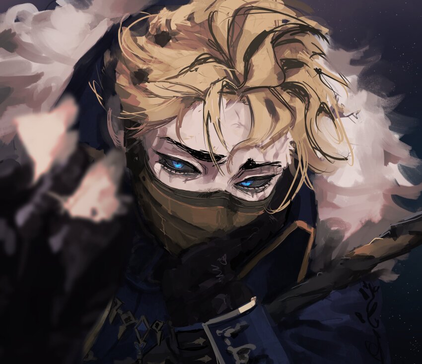 1boy absurdres alva_lorenz alva_lorenz_(warden) animal animal_on_hand black_gloves black_sclera blonde_hair blue_eyes blue_jacket bug cape chuvuyaa colored_sclera facial_mark fur-trimmed_cape fur_trim gloves hair_slicked_back head_rest highres identity_v insect jacket looking_at_animal male_focus mask moth mouth_mask official_alternate_costume short_hair sleeve_cuffs solo upper_body