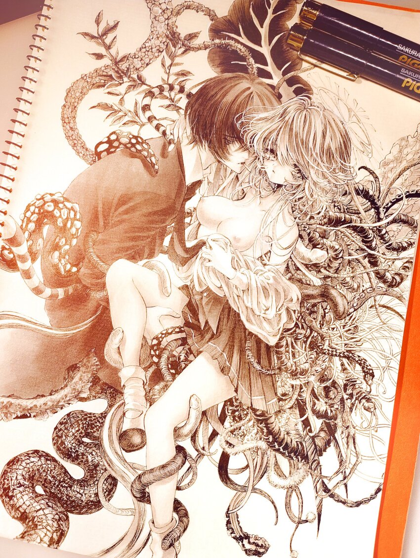 1boy 1girl art_tools_in_frame asymmetrical_wings aya_carmine breasts cigarette clothes_pull collarbone collared_shirt hair_between_eyes halo hand_on_another&#039;s_neck hand_on_another&#039;s_thigh highres hitomi_hirosuke_(sayonara_wo_oshiete) jacket leaf leaf_wings long_hair millipen_(medium) mismatched_wings monochrome mouth_hold necktie nipples parted_lips pen_(medium) photo_(medium) pleated_skirt sayonara_wo_oshiete shirt shirt_partially_removed shirt_pull shoes short_hair skirt smoking snake socks suction_cups sugamo_mutsuki tendril tentacles traditional_media uwabaki very_long_hair wings