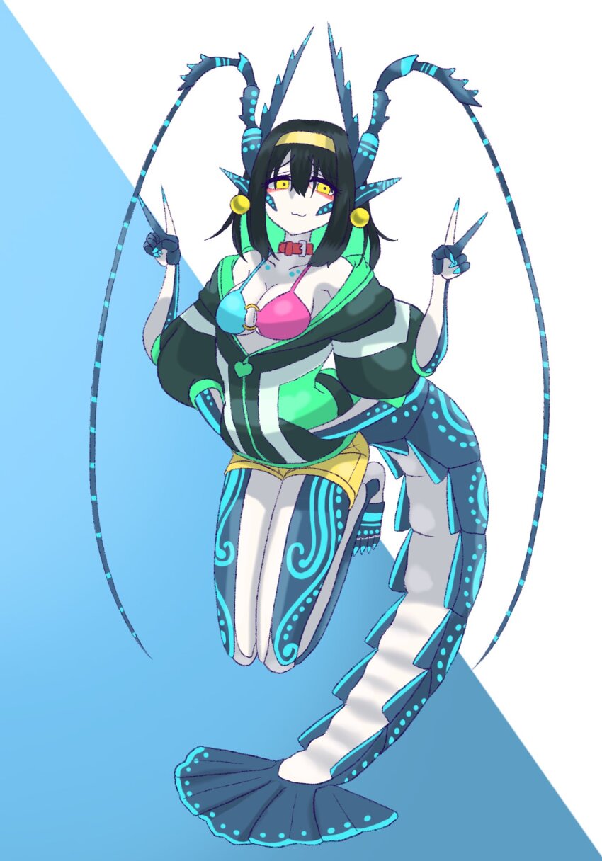 1girl :3 antennae arthropod_girl bikini bikini_top_only black_hair blue_background blue_nails blue_skin body_markings breasts carapace closed_mouth collar colored_inner_hair colored_skin commentary extra_arms fingernails full_body green_hair green_jacket halterneck hands_in_pockets hands_up highres jacket looking_at_viewer medium_breasts multicolored_hair multicolored_skin open_clothes original pointy_ears puffy_sleeves red_collar sharp_fingernails shrimp_girl simple_background solo swimsuit symbol-only_commentary tail toipokun_oyashi v white_background white_skin yellow_eyes