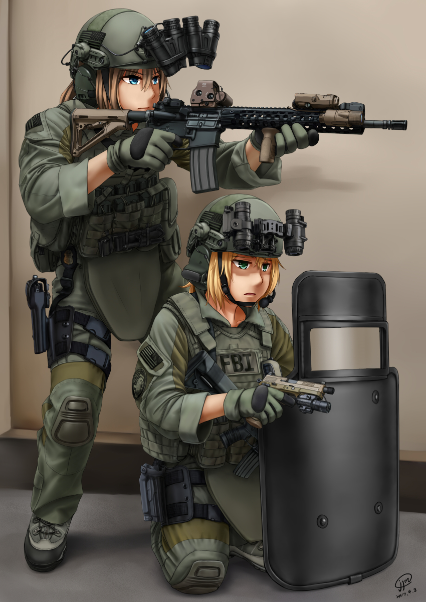 2girls absurdres american_flag assault_rifle ballistic_shield blonde_hair blue_eyes boots combat_helmet ear_protection fast_helmet fbi flashlight gloves green_eyes gun h&amp;k_usp handgun heckler_&amp;_koch helmet highres holographic_weapon_sight holster jpc knee_pads kneeling laser_sight m4_carbine microphone military_operator multiple_girls night-vision_device original pistol reflector_sight reflex_sight rifle riot_shield s.w.a.t. shield sight_(weapon) tactical_light trigger_discipline unit_patch weapon wide_field_of_view_device
