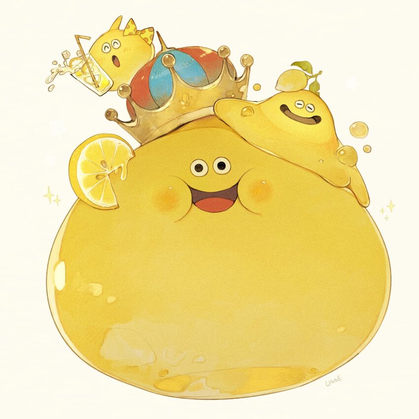 :d :o ^_^ artist_name black_eyes blush bow bubble bubble_slime closed_eyes commentary_request crown cup dragon_quest drink drinking_straw food food_on_head fruit highres ice ice_cube king_slime_(dragon_quest) leaf lemon lemon_king_(dragon_quest) lemon_slice lemon_slime_(dragon_quest) lemonade linne_(hld_doreko) looking_at_viewer no_humans object_on_head open_mouth polka_dot polka_dot_bow simple_background slime_(creature) slime_(dragon_quest) smile sparkle white_background yellow_bow