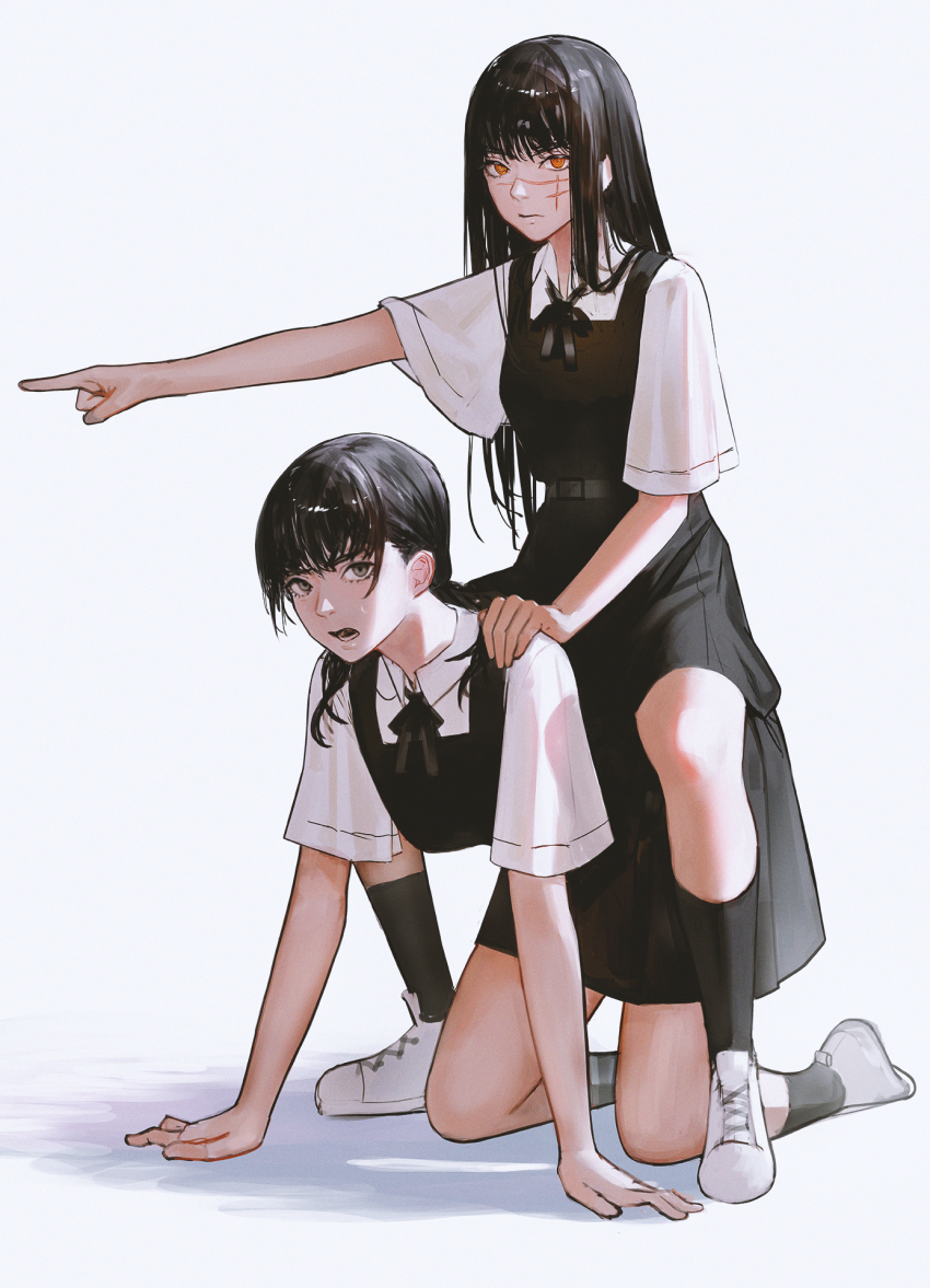 2girls all_fours black_dress black_hair black_ribbon black_socks chainsaw_man collared_shirt commentary_request cross_scar dress expressionless facial_scar fourth_east_high_school_uniform full_body ganet_p grey_eyes highres long_hair looking_at_viewer mitaka_asa multiple_girls neck_ribbon open_mouth orange_eyes pinafore_dress pointing pony_play ribbon ringed_eyes scar scar_on_cheek scar_on_face scar_on_nose school_uniform shirt shoes simple_background sitting sleeveless sleeveless_dress socks white_background white_footwear white_shirt yoru_(chainsaw_man)