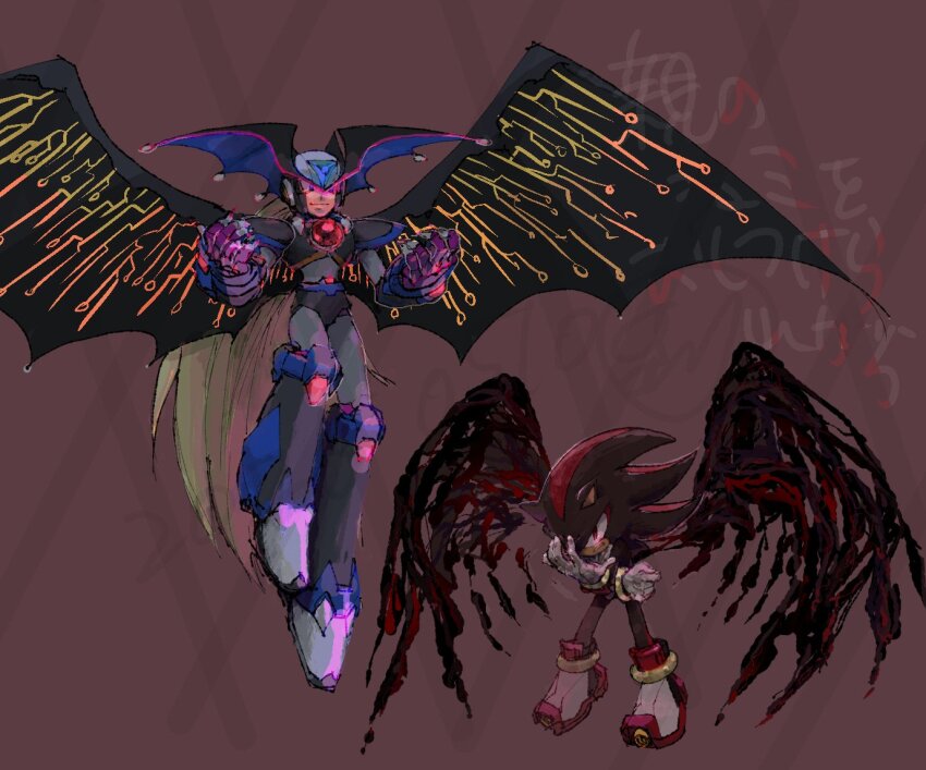 2boys absolute_zero_(mega_man) armor black_armor black_fur black_helmet black_wings body_fur chest_jewel crossover forehead_jewel full_body furry furry_male helmet male_focus mega_man_(series) mega_man_x:_command_mission mega_man_x_(series) multiple_boys red_fur rikepoppo shadow_the_hedgehog sonic_(series) sonic_generations sonic_x_shadow_generations wings zero_(mega_man)