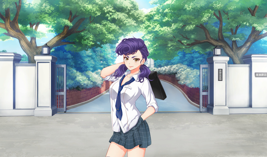 1girl arm_behind_head bag black_bag blue_necktie cinderella_series closed_mouth game_cg grey_skirt hachigatsu_no_cinderella_nine hand_in_pocket highres holding holding_bag izumida_kyouka long_hair looking_at_viewer low_twintails necktie non-web_source official_art orange_eyes outdoors plaid_clothes plaid_skirt pleated_skirt pompadour purple_hair sailor_collar satogahama_school_uniform school_gateway school_uniform serafuku shirt short_sleeves skirt sleeves_rolled_up smile solo standing summer_uniform tree twintails white_sailor_collar white_shirt