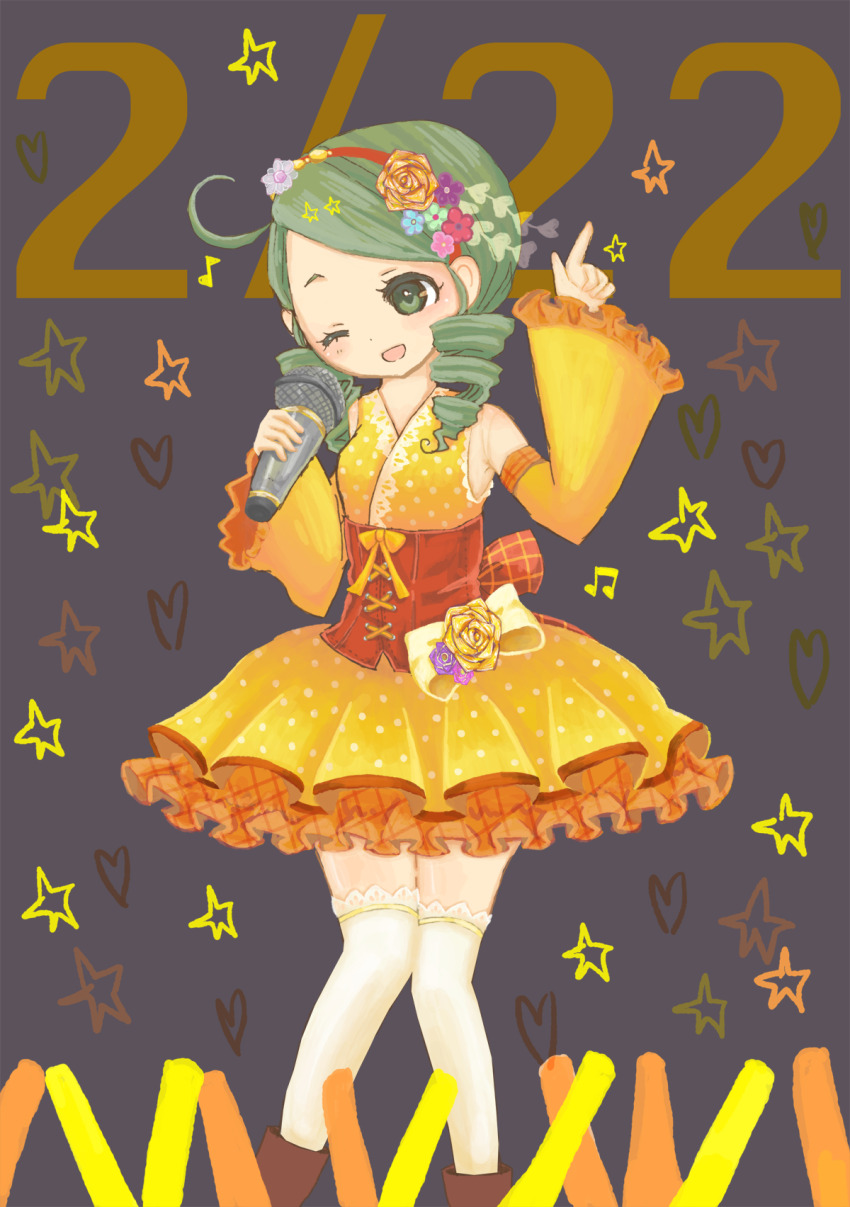 1girl bow bowtie corset curly_hair detached_sleeves doll dress flower frilled_dress frilled_skirt frills green_eyes grey_hair highres japanese_clothes kanaria medium_hair one_eye_closed rose rozen_maiden skirt smile thighhighs ubyuki white_thighhighs yellow_flower yellow_rose