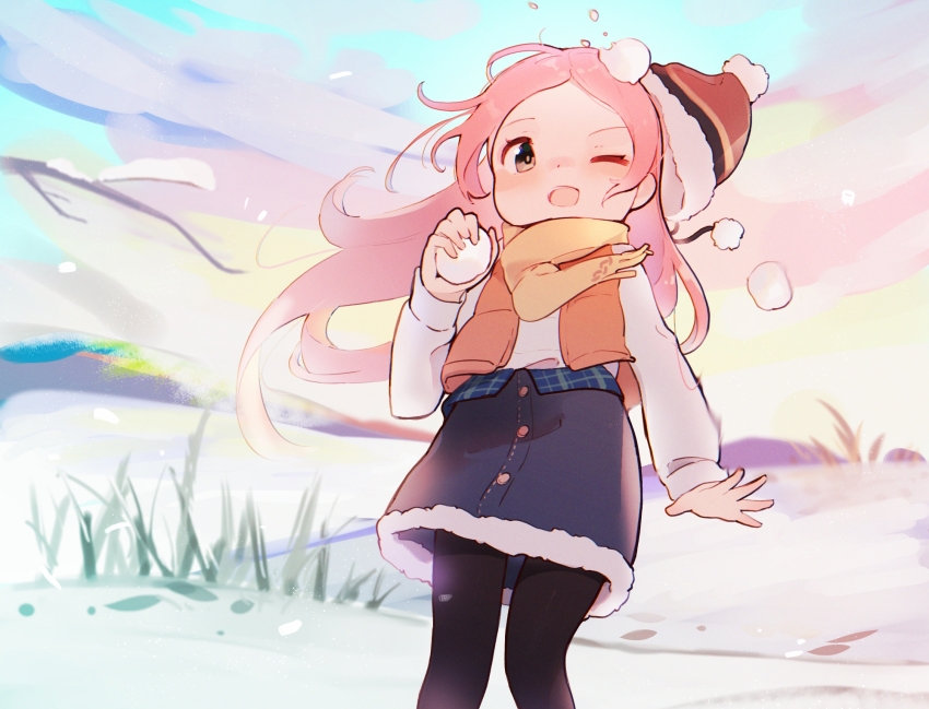 1girl ;d arm_at_side beanie black_pantyhose blue_skirt blush buttons cloud cowboy_shot denim denim_skirt dot_nose fur-trimmed_headwear fur-trimmed_skirt fur_trim hand_up hat highres holding holding_snowball ibuki_leila ibuki_leila_(winter_costume) kashi_neko long_hair long_sleeves magia_record:_mahou_shoujo_madoka_magica_gaiden mahou_shoujo_madoka_magica miniskirt one_eye_closed open_mouth orange_hat orange_vest outdoors pantyhose parted_bangs pink_hair pom_pom_(clothes) pom_pom_beanie scarf shirt skirt smile snow snowball solo sunset very_long_hair vest white_shirt winter_hat yellow_scarf