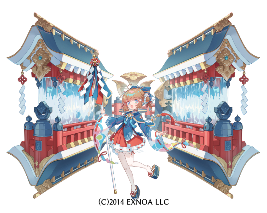 1girl :d blue_bow blue_eyes blue_kimono blue_sandals bow brown_hair character_request hair_bow holding japanese_clothes kimono long_sleeves official_art open_mouth oshiro_project:re osisio pantyhose platform_clogs platform_sandals pleated_skirt red_skirt ribbon-trimmed_skirt ribbon-trimmed_sleeves ribbon_trim sandals shide simple_background skirt smile solo standing standing_on_one_leg tabi water waterfall white_background white_pantyhose wide_sleeves zouri