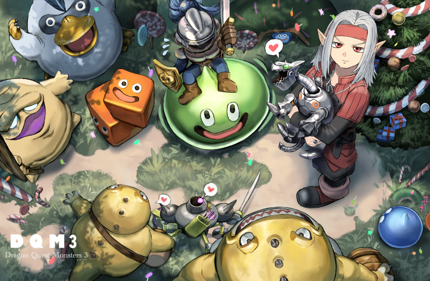 1boy 6+others absurdres aged_down black_shirt box_slime candy candy_cane carrying christmas christmas_ornaments christmas_tree commentary copyright_name creature_request donut dragon_quest dragon_quest_monsters dragon_quest_monsters_3 flying_sweatdrops food grass headband heart highres hunter_mech jacket jargon_(dragon_quest) jewelry knight level-00 lollipop long_hair long_sleeves looking_at_viewer looking_up lump_wizard metal_dragon monster multiple_others necklace open_mouth parted_hair pisaro platypunk pointy_ears red_eyes red_headband red_jacket sharp_teeth shirt skull_ring slime_(dragon_quest) slime_knight smile spoken_heart sprinkles swirl_lollipop teeth white_hair zzz