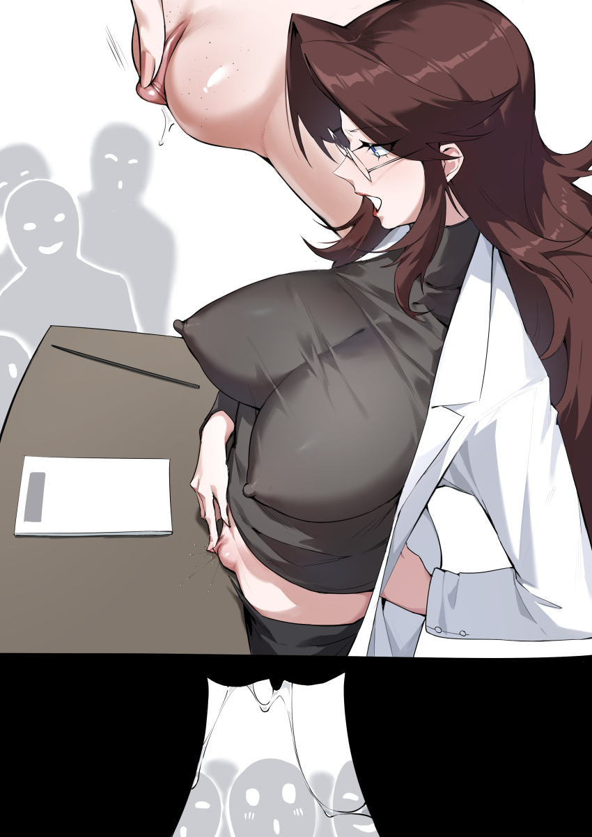 1girl absurdres black_shirt black_skirt blue_eyes breasts brown_hair clitoral_hood clitoral_stimulation clitoris clothes_pull coat conductor_baton covered_erect_nipples cowboy_shot curtained_hair dawalixi from_above from_side furrowed_brow glasses hand_on_own_hip highres lab_coat large_breasts lectern lipstick long_hair looking_down makeup no_panties open_clothes open_coat open_mouth original paper profile pussy pussy_juice pussy_juice_trail red_lips shirt sidelocks skirt skirt_pull solo_focus standing turtleneck uncensored view_between_legs white_coat zenra