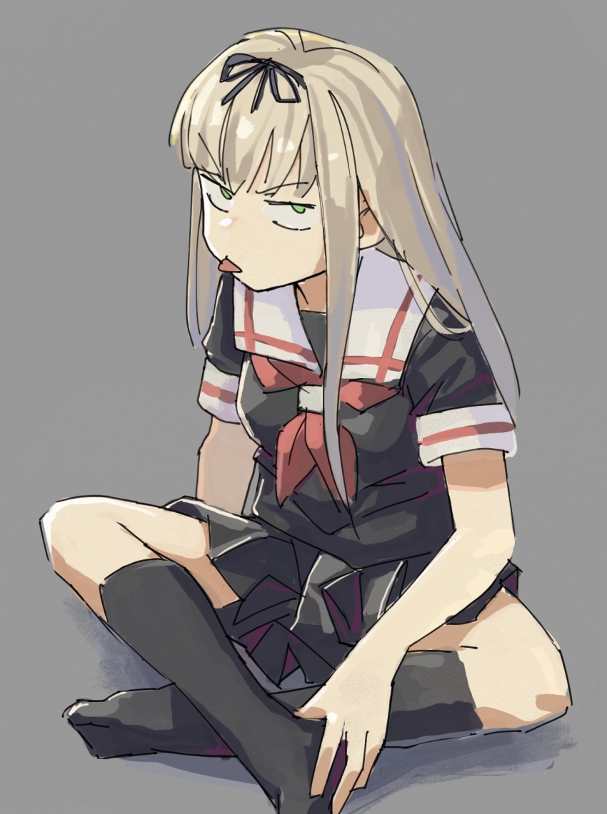 1girl black_serafuku blonde_hair constricted_pupils green_eyes grey_background hair_ribbon highres indian_style kantai_collection kneehighs mizoki_kei no_shoes ribbon school_uniform serafuku sitting socks solo tongue tongue_out v-shaped_eyebrows yuudachi_(kancolle)