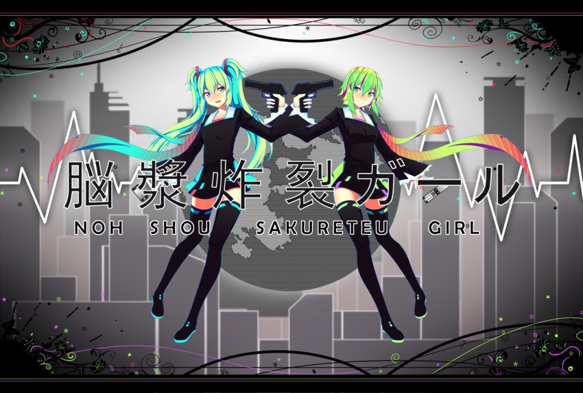 2girls aqua_eyes aqua_hair boots cellphone green_eyes green_hair gumi gun gun_to_head handgun hatsune_miku hei-neko holding holding_gun holding_weapon letterboxed long_hair multiple_girls noushou_sakuretsu_girl_(vocaloid) phone pistol short_hair symmetry thigh_boots thighhighs twintails very_long_hair vocaloid weapon