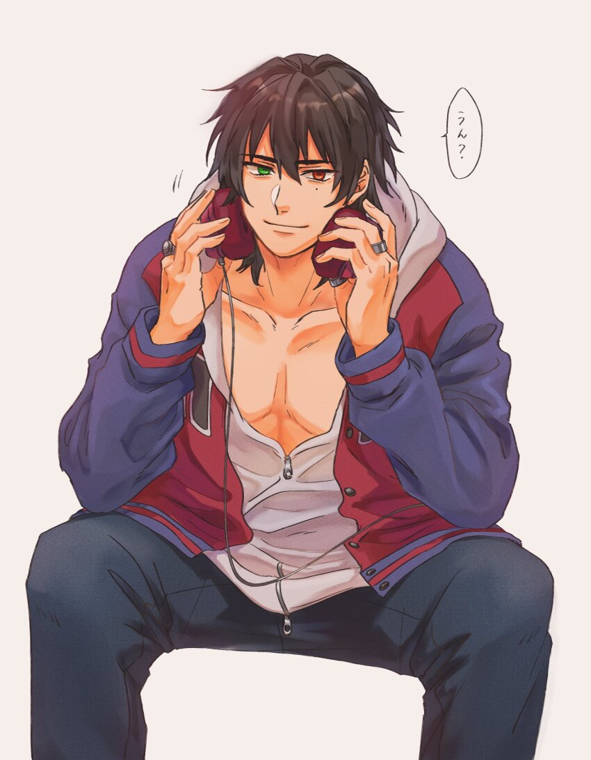 1boy adam&#039;s_apple black_hair blue_jacket closed_mouth collarbone denim earphones_removed empty_eyes feet_out_of_frame fingernails green_eyes hair_between_eyes headphones heterochromia highres holding holding_headphones hood hood_down hoodie hypnosis_mic invisible_chair jacket jeans jewelry letterman_jacket light_smile long_sleeves looking_at_viewer male_focus mole mole_under_eye motion_lines multicolored_jacket multiple_rings pants pectoral_cleavage pectorals plunging_neckline red_eyes red_jacket ring senzankou25 short_hair simple_background sitting solo speech_bubble spread_legs thumb_ring two-tone_jacket unbuttoned unzipped white_background white_hoodie yamada_ichiro zipper