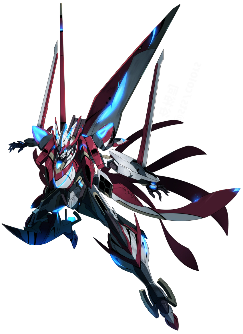 blue_eyes flying glowing glowing_eye highres majestic_prince mecha no_humans open_hands red_five robot science_fiction solo sts white_background