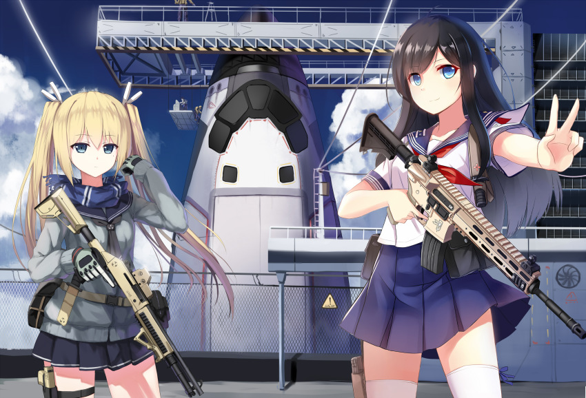 2girls allenes angled_foregrip artist_collaboration assault_rifle benelli_armi_spa benelli_m4_super_90 black_hair blonde_hair blue_eyes eotech gloves gun hagi_(ame_hagi) hair_ribbon handgun highres holster knife long_hair m4_carbine multiple_girls nasa original pump-action_shotgun pump_action ribbon rifle scarf school_uniform semi-automatic_shotgun serafuku shotgun space_shuttle spacecraft spaceplane thigh_holster thighhighs trigger_discipline twintails v weapon zettai_ryouiki