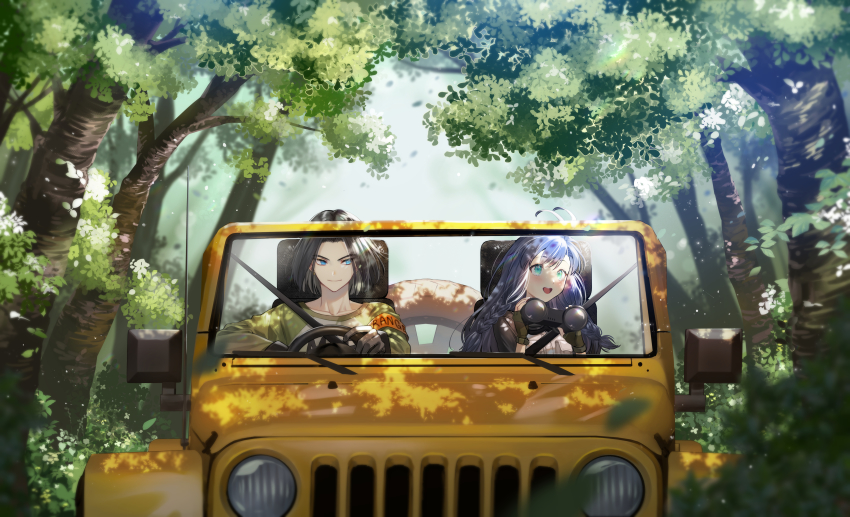 1boy 1girl absurdres android_17 antenna_hair binoculars blue_eyes blush braid car closed_mouth commentary commission day dragon_ball dragonball_z driving eyelashes fingerless_gloves foliage gloves green_eyes green_gloves green_shirt hands_up highres holding holding_binoculars huge_filesize jeep_wrangler looking_to_the_side military_jeep motor_vehicle ninto oc_x_canon open_mouth original outdoors rear-view_mirror shirt sitting smile steering_wheel teeth tongue tree twin_braids upper_teeth_only vehicle_focus