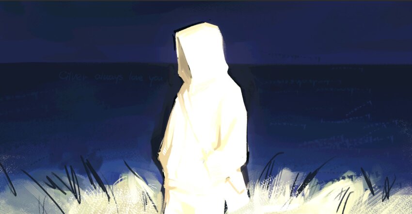 1other bag color_contrast cry_of_fear faceless glowing grass hands_in_pockets highres hood hood_up hoodie horizon shoulder_bag simon_henriksson solo tall_grass thonny222 upper_body white_hoodie