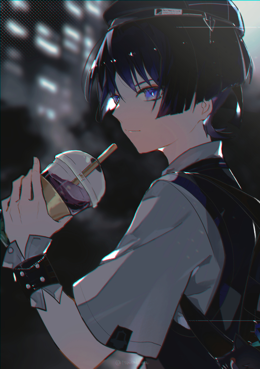 1boy absurdres alternate_costume animalization beret black_cat black_hair black_hat black_sweater_vest blunt_ends bright_pupils cat closed_mouth coffee colored_inner_hair cup disposable_cup drinking_straw eyeliner eyeshadow from_side genshin_impact hand_up hat highres holding holding_cup iced_coffee light_smile looking_at_viewer makeup male_focus multicolored_hair official_alternate_costume person_and_animalization purple_eyes purple_hair red_eyeliner red_eyeshadow scaramouche_(cat)_(genshin_impact) scaramouche_(genshin_impact) shirt short_sleeves solo sweater_vest tsuibakiwa twitter_username two-tone_hair upper_body wanderer_(genshin_impact) wanderer_(mega_mgc_coffee)_(genshin_impact) white_pupils white_shirt white_sleeves wrist_cuffs