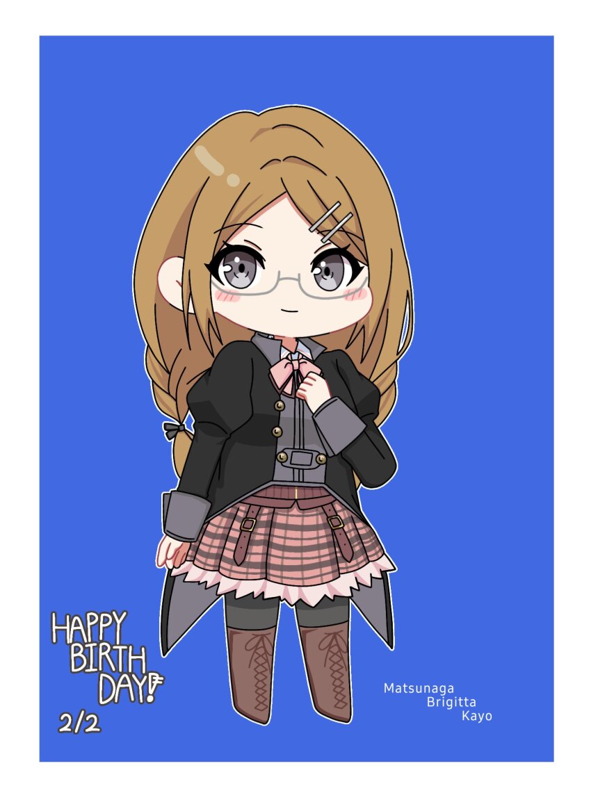 1girl arm_at_side assault_lily belt belt_buckle black_jacket black_pantyhose blue_background blush boots border bow bowtie braid brown_belt brown_boots brown_hair buckle character_name chibi closed_mouth coattails commentary dark_skin glasses grey-framed_eyewear grey_eyes hair_ornament hairclip hand_on_own_chest hand_up happy_birthday highres jacket lace-up_boots light_smile long_hair looking_at_viewer low_twin_braids ludvico_private_girls&#039;_academy_school_uniform matsunaga_brigitta_kayo outline pantyhose parted_bangs pink_bow pink_bowtie plaid_clothes plaid_skirt pleated_skirt school_uniform semi-rimless_eyewear simple_background skirt solo standing twin_braids under-rim_eyewear white_border white_outline yui_(yui1115_)