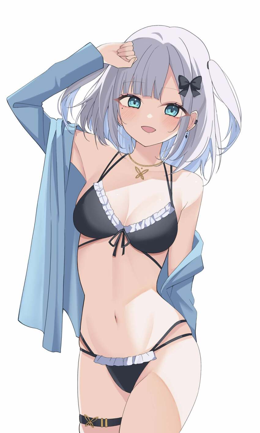 1girl :d arm_up bikini black_bikini black_bow blue_eyes blue_jacket blunt_bangs bow breasts cleavage commentary commentary_request cowboy_shot dreamoon frilled_bikini frills front-tie_bikini_top front-tie_top gold_necklace grey_hair hair_bow highres jacket jacket_partially_removed jewelry kaga_sumire kaga_sumire_(summer_c102) linea_alba looking_at_viewer medium_breasts medium_hair multi-strapped_bikini_bottom multi-strapped_bikini_top navel necklace open_mouth parted_bangs simple_background smile stomach swimsuit thigh_strap two_side_up virtual_youtuber vspo! white_background