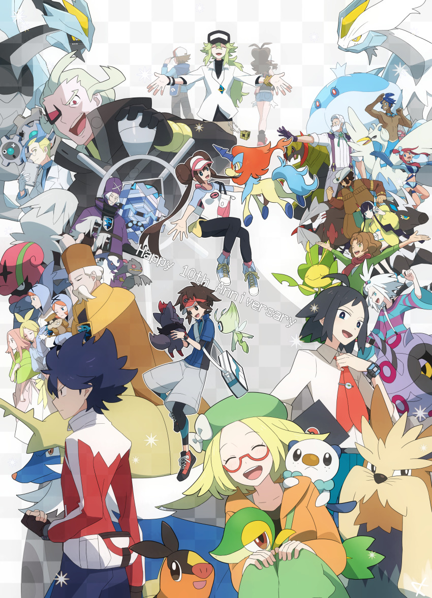 6+boys 6+girls :d absurdres accelgor ahoge anniversary anthea_(pokemon) bag banette beret bianca_(pokemon) black_gloves black_hair black_kyurem blonde_hair bodysuit bodysuit_under_clothes bow bright_pupils brown_hair burgh_(pokemon) celebi cheren_(pokemon) clay_(pokemon) clenched_hand closed_eyes collared_shirt colress_(pokemon) commentary_request concordia_(pokemon) cryogonal drayden_(pokemon) elesa_(pokemon) excadrill eyelashes fanny_pack fingerless_gloves gen_2_pokemon gen_3_pokemon gen_5_pokemon ghetsis_(pokemon) glasses gloves green_headwear green_pants hat hat_bow highres hilbert_(pokemon) hilda_(pokemon) holding holding_pokemon hood hooded_jacket hugh_(pokemon) jacket jellicent jellicent_(male) kanade_(unchi_knd280) keldeo klinklang kyurem leavanny legendary_pokemon long_sleeves marlon_(pokemon) multiple_boys multiple_girls mythical_pokemon n_(pokemon) nate_(pokemon) necktie nintendo open_mouth orange_jacket oshawott pants patrat pokemon pokemon_(creature) pokemon_bw pokemon_bw2 red-framed_eyewear red_headwear red_jacket rosa_(pokemon) roxie_(pokemon) samurott semi-rimless_eyewear shadow_triad shirt shoes short_hair shoulder_bag skyla_(pokemon) smile sneakers snivy stoutland swanna team_plasma team_plasma_grunt teeth tepig tongue upper_teeth_only visor_cap whirlipede white_bag white_bow white_kyurem white_pupils white_shirt zebstrika zinzolin_(pokemon) zorua
