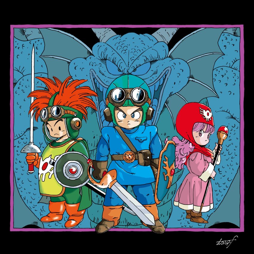 1girl 3boys asymmetrical_dual_wielding aviator_cap belt_buckle black_border black_eyes blue_bodysuit blue_eyes blue_hat blue_tunic bodysuit boots border brown_gloves brown_shoes buckle chibi commentary_request cousins curly_hair derivative_work dragon dragon_quest dragon_quest_ii dual_wielding erdrick&#039;s_shield fins frown gem gloves goggles goggles_on_headwear green_bodysuit green_tabard hat head_fins highres holding holding_shield holding_staff holding_sword holding_weapon horns long_hair looking_at_viewer looking_to_the_side mage_staff multiple_boys open_mouth orange_boots orange_gloves orange_hair pink_robe prince_of_lorasia prince_of_samantoria princess_of_moonbrook purple_border purple_eyes purple_hair red_gemstone red_hood robe roto&#039;s_emblem scales sharp_teeth shield shoes short_hair sidoh signature spiked_hair staff sword tabard tcgf_04 teeth toriyama_akira_(style) tunic video_game_cover_redraw weapon white_trim