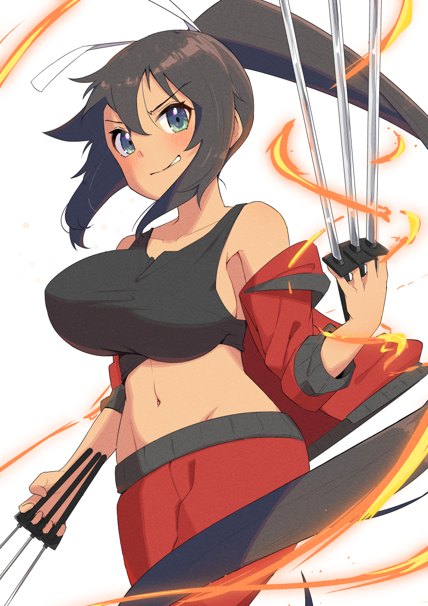 1girl absurdres armpit_crease black_hair black_sports_bra blush bouncing_breasts breasts dark-skinned_female dark_skin emma_(3one3o) fire fuchi_(hilt) green_eyes groin hair_between_eyes hair_ribbon high_ponytail highres holding holding_sword holding_weapon homura_(senran_kagura) jacket katana large_breasts linea_alba long_hair looking_at_viewer multiple_swords multiple_wielding navel open_clothes open_jacket pants ponytail red_jacket red_pants red_track_suit ribbon senran_kagura senran_kagura_new_link senran_kagura_shoujo-tachi_no_shin&#039;ei sidelocks simple_background smile smirk solo sports_bra sword tan track_jacket track_suit tsuba_(guard) tsuka-ito tsuka_(handle) v-shaped_eyebrows very_long_hair weapon white_background white_ribbon