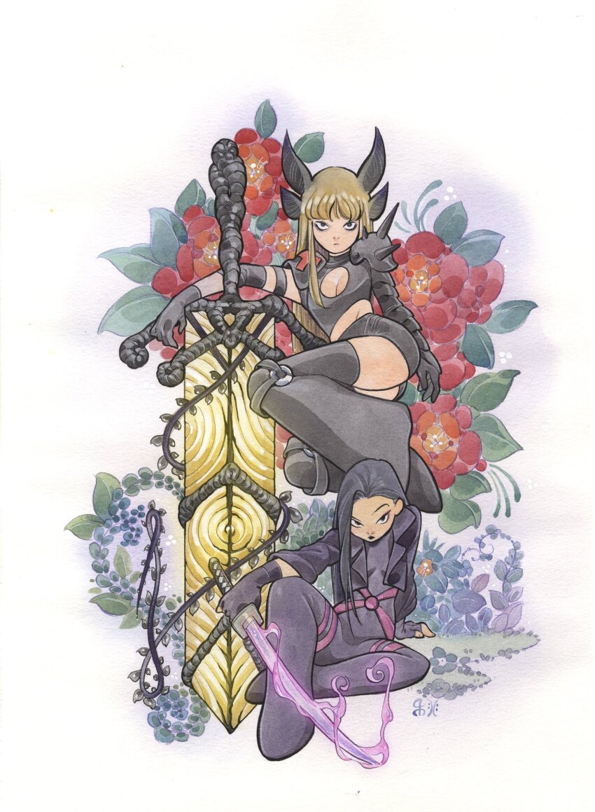 2girls animification ass blonde_hair cleavage_cutout clothing_cutout elbow_spikes flower highleg_shorts highres huge_weapon jacket katana magik_(x-men) marvel multiple_girls peach_momoko psylocke purple_hair rose short_shorts shorts spiked_pauldrons sword weapon x-men
