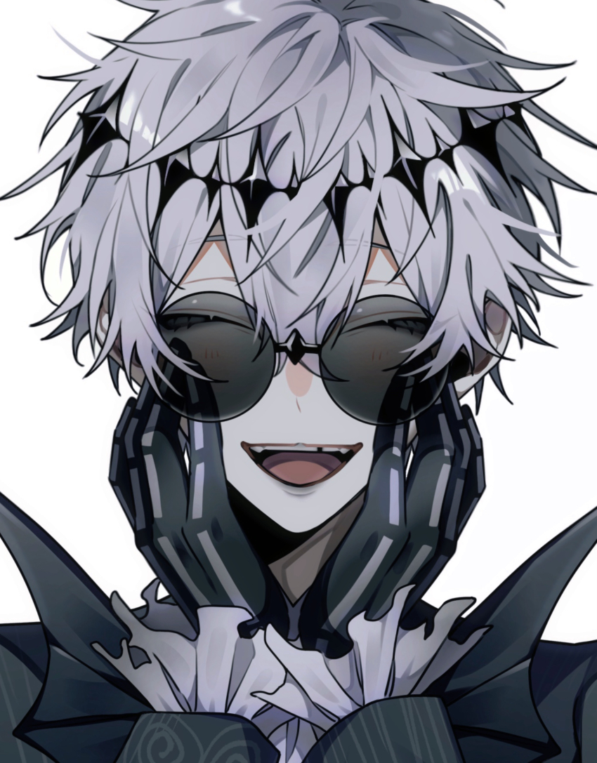 1boy absurdres black_jacket blush closed_eyes diamond_hairband facing_viewer gloves grey_hair grey_vest hair_between_eyes hands_on_own_cheeks hands_on_own_face highres jacket long_sleeves male_focus missing_tooth omumeshi open_clothes open_jacket open_mouth pale_skin round_eyewear simple_background skully_j._graves solo sunglasses twisted_wonderland upper_body vest white_background
