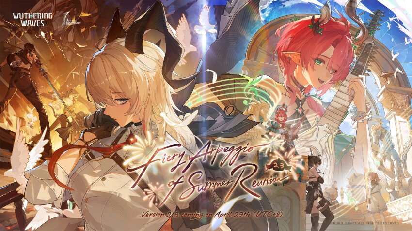 1boy 3girls armband bard black_armband black_gloves black_horns breasts chest_harness ciaccona_(wuthering_waves) commentary curled_horns english_commentary female_rover_(wuthering_waves) gloves green_eyes harness highres horns large_breasts logo long_hair male_rover_(wuthering_waves) multicolored_hair multiple_girls official_art open_mouth people pointy_ears red_hair rover_(wuthering_waves) shirt smile streaked_hair tacet_discord_(wuthering_waves) tacet_mark_(wuthering_waves) white_hair white_shirt wuthering_waves zani_(wuthering_waves)