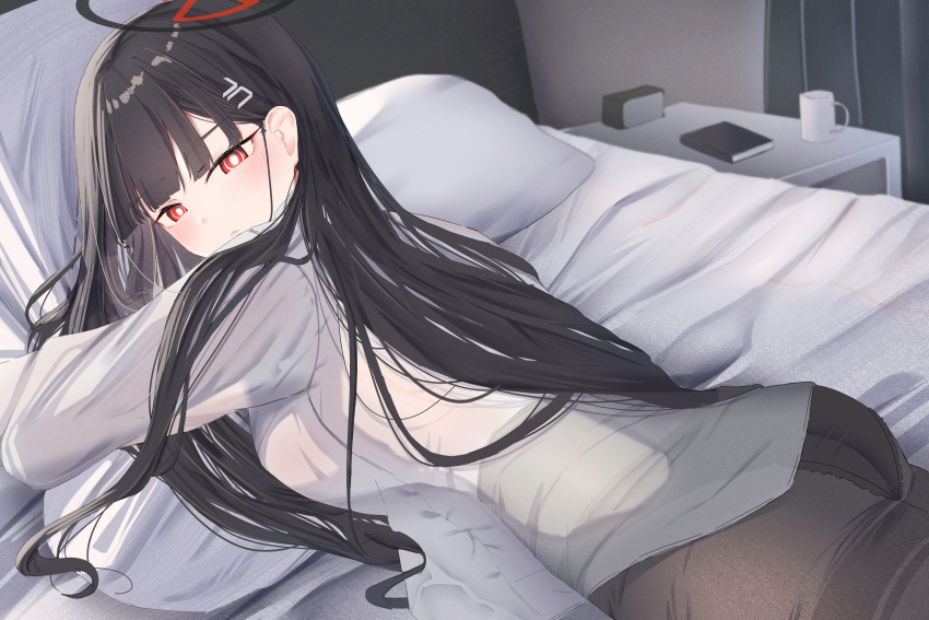 1girl absurdres bed black_hair black_pantyhose blue_archive hair_ornament hair_spread_out hairclip highres leonardo_566 long_hair messy_hair on_bed panties panties_under_pantyhose panty_&amp;_stocking_with_garterbelt pantyhose red_eyes rio_(blue_archive) shirt underwear white_shirt