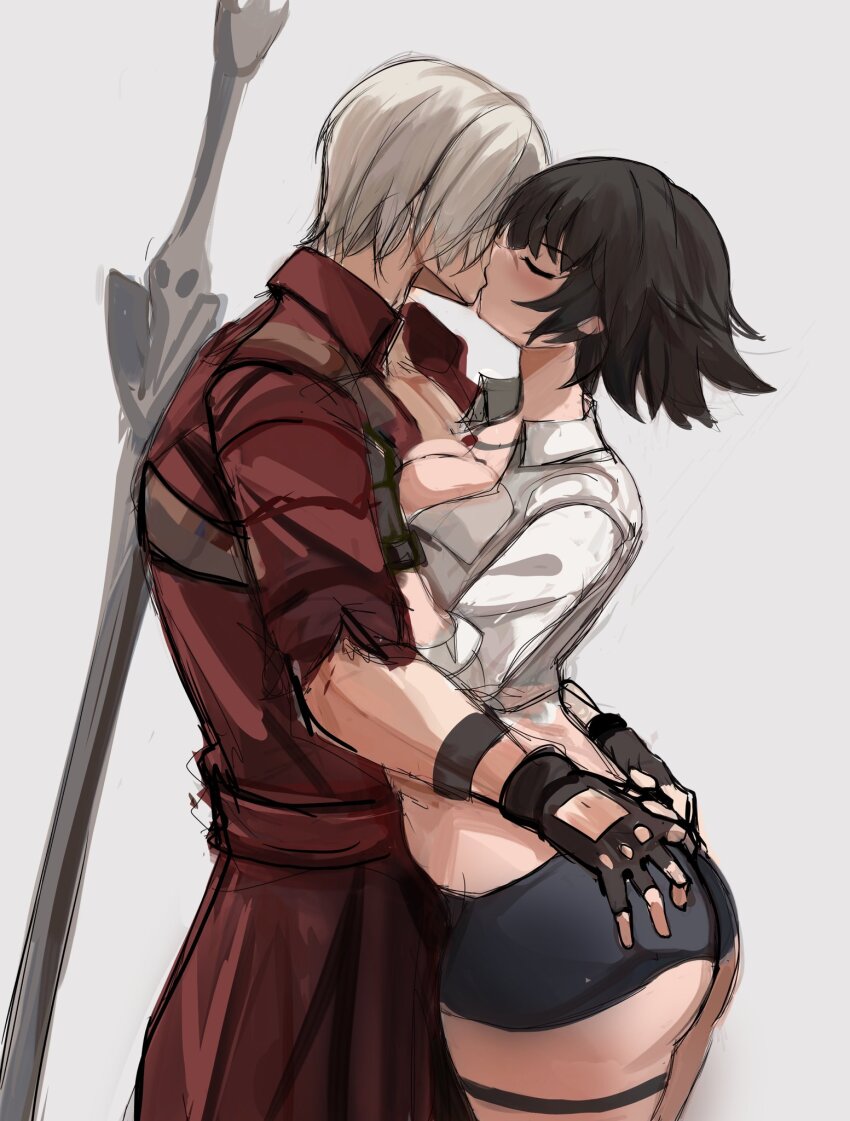 1boy 1girl ass bike_shorts black_gloves black_hair closed_eyes coat dante_(devil_may_cry) devil_may_cry devil_may_cry_(series) devil_may_cry_3 fingerless_gloves from_side gloves grabbing_another&#039;s_ass grey_background groping highres kiss lady_(devil_may_cry) midriff rakeemspoon rebellion_(sword) red_coat scar scar_on_face scar_on_nose shirt simple_background sword sword_on_back weapon weapon_on_back white_hair white_shirt