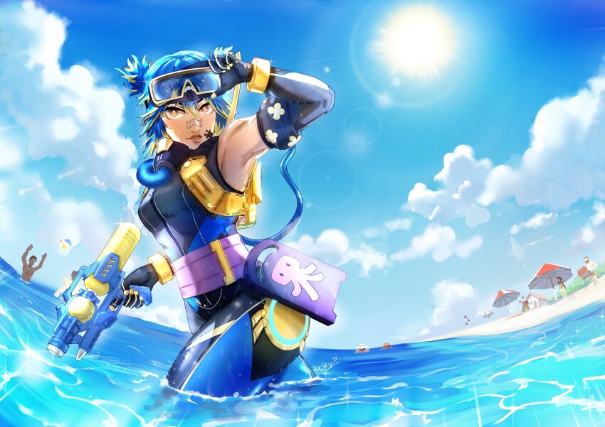 1girl absurdres alternate_costume animification ball beach beachball black_gloves black_hat black_wetsuit blonde_hair blue_hair bodysuit brimstone_(valorant) brown_eyes cloud commentary cypher_(valorant) dark-skinned_female dark_skin diving_suit elbow_gloves english_commentary gloves hat highres holding holding_water_gun kay/o_(valorant) looking_at_viewer multicolored_hair neon_(valorant) ocean omen_(valorant) parted_lips people phoenix_(valorant) raze_(valorant) ritskyz sage_(valorant) sky solo streaked_hair two_side_up umbrella valorant water water_gun wetsuit yoru_(valorant)