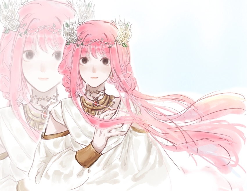 1girl absurdres aegyo_sal baihuhu61553 bare_shoulders beads blue_background braid brown_eyes chinese_commentary circlet clothing_cutout commentary_request dress earrings floating_hair flower gold_earrings gold_necklace hair_beads hair_flower hair_ornament hand_on_own_chest happy highres infinity_nikki jewelry light_blush long_hair long_sidelocks long_sleeves looking_at_viewer low_twin_braids low_twintails necklace nikki_(nikki) nikki_(series) outline pink_hair puffy_long_sleeves puffy_sleeves rose shoulder_cutout sidelocks solo twin_braids twintails upper_body very_long_hair white_dress white_flower white_outline white_rose zoom_layer