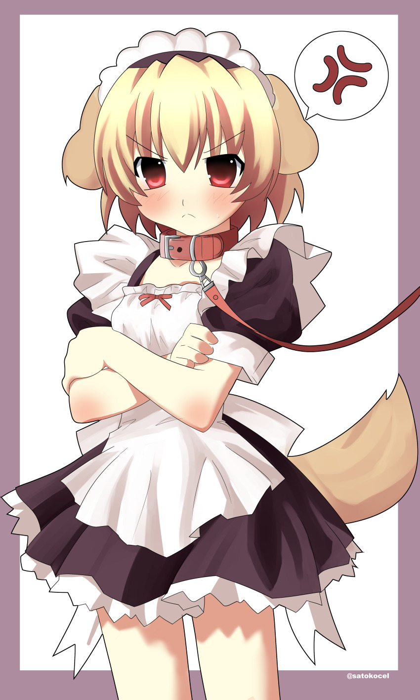 &gt;:( 1girl 2000s_(style) absurdres alternate_costume anger_vein angry animal_collar animal_ears annoyed apron back_bow belt belt_collar black_dress blonde_hair blush border bow closed_mouth collar cowboy_shot crossed_arms dog_ears dog_girl dog_tail dress embarrassed faux_retro_artstyle frilled_apron frilled_dress frilled_skirt frills highres higurashi_no_naku_koro_ni houjou_satoko kemonomimi_mode large_bow leash maid maid_headdress puffy_short_sleeves puffy_sleeves purple_border red_belt satokocel short_hair short_sleeves simple_background skirt solo spoken_anger_vein tail twitter_username v-shaped_eyebrows white_apron white_background white_bow