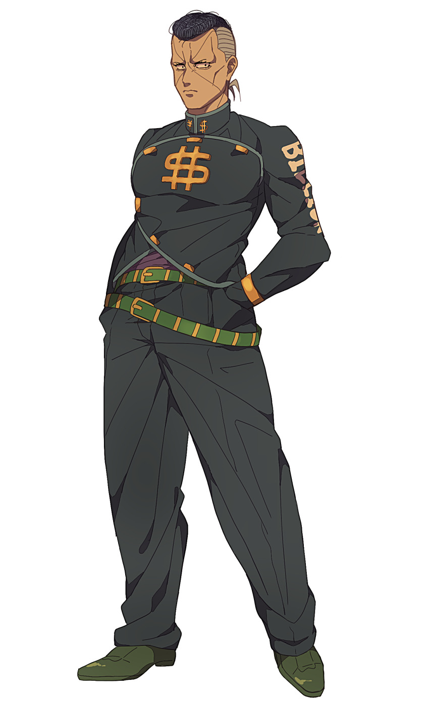 1boy baggy_pants black_hair diamond_wa_kudakenai frown full_body gakuran grey_hair hands_in_pockets highres jojo_no_kimyou_na_bouken male_focus multicolored_hair nijimura_okuyasu pants pompadour school_uniform siniy solo standing two-tone_hair