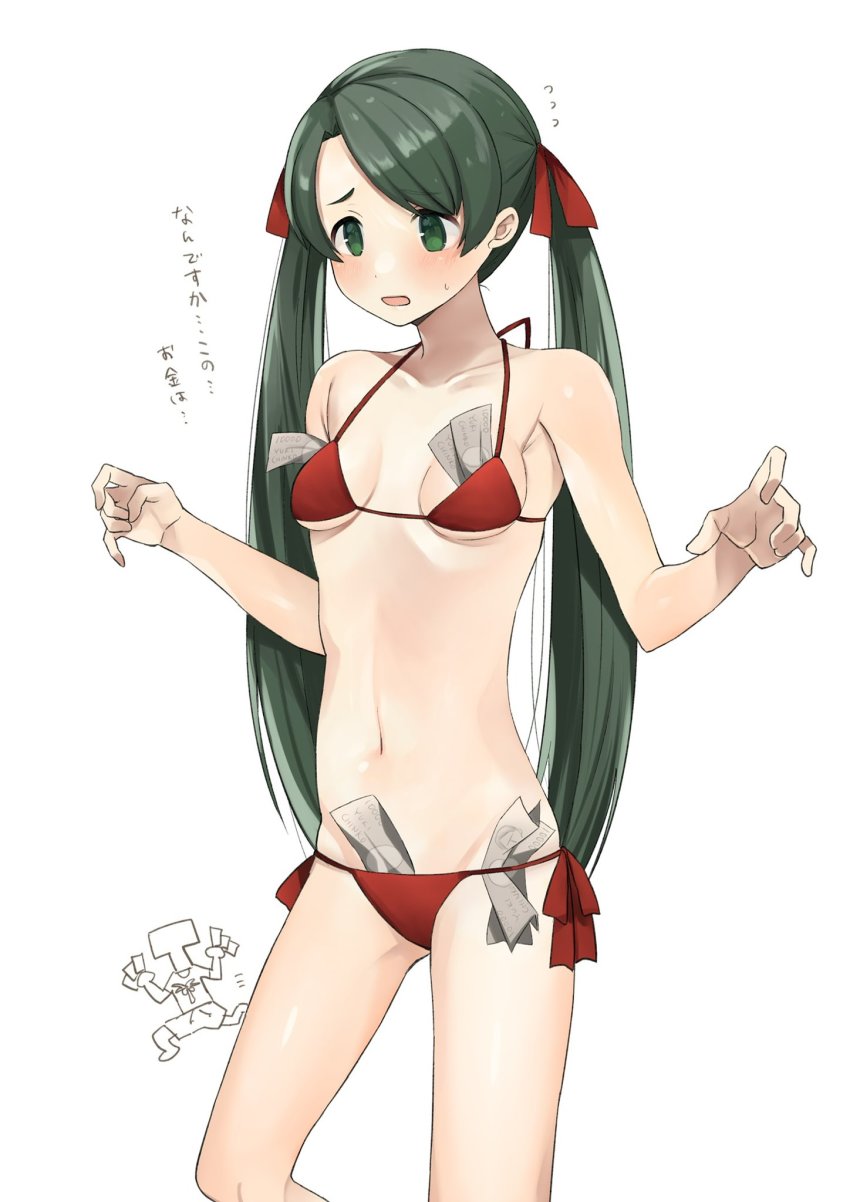 1boy 1girl banknote bikini black_hair breasts commentary_request cowboy_shot embarrassed green_eyes highres kantai_collection long_hair mikuma_(2016_swimsuit)_(kancolle) mikuma_(kancolle) money object_in_clothes object_in_swimsuit red_bikini side-tie_bikini_bottom simple_background small_breasts standing swimsuit t-head_admiral toriniku_senshi_chikinman translation_request tucked_money twintails white_background