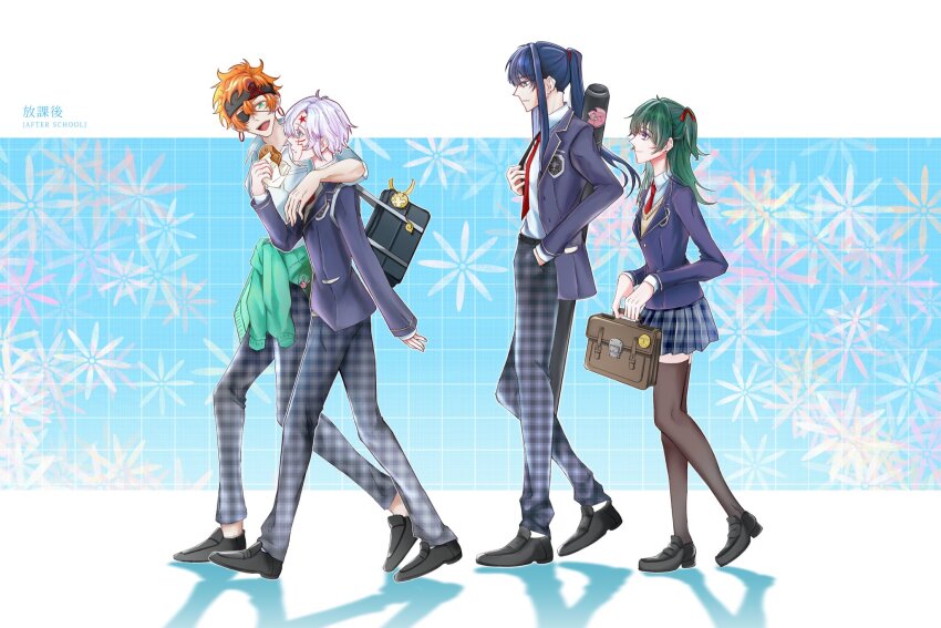 1girl 3boys allen_walker badge bag belt black_headband black_shoes blue_background blue_coat blue_eyes blue_hair blue_pants blue_skirt border brown_thighhighs carrying_over_shoulder checkered_clothes checkered_pants checkered_skirt clothes_around_waist coat collared_coat collared_shirt creature cross d.gray-man earrings eating eyepatch facial_mark floral_background flower food golem_(d.gray-man) green_eyes green_hair green_jacket grey_eyes grey_pants grey_skirt hair_between_eyes hair_ribbon hand_in_pocket hand_on_another&#039;s_shoulder headband high_ponytail highres holding holding_bag holding_food hoop_earrings jacket jacket_around_waist jewelry kanda_yuu kiyono lavi legs lenalee_lee long_hair looking_at_another looking_down medium_hair miniskirt multiple_boys necktie one_eye_covered open_mouth orange_hair outside_border pants ponytail profile purple_eyes red_necktie red_ribbon red_stripes ribbon satchel scar scar_on_face school_uniform shirt shoes short_hair shoulder_bag sidelocks skirt smile star_(symbol) star_facial_mark striped_headband stud_earrings sweater tail talking thighhighs thighs timcanpy two_side_up white_border white_hair white_shirt wings yellow_sweater zettai_ryouiki