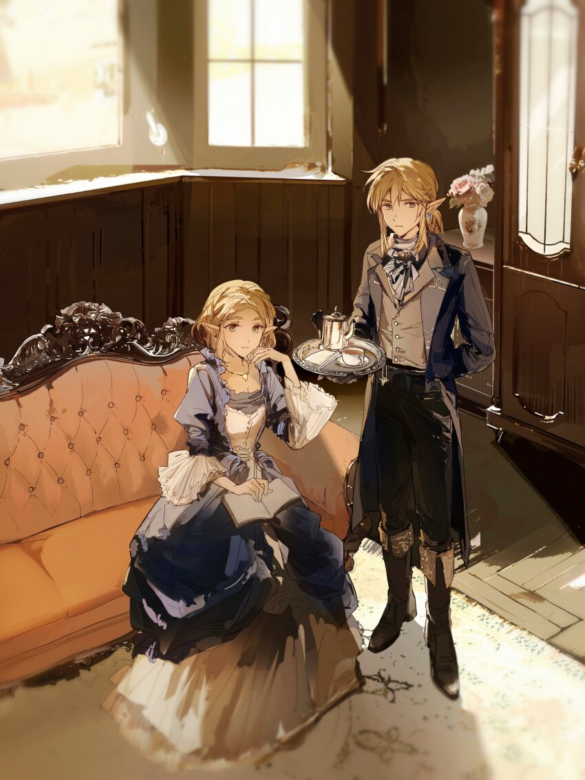 1boy 1girl absurdres alternate_costume arm_behind_back ascot black_pants blue_ascot blue_dress blue_eyes blue_jacket book book_on_lap brown_footwear butler cabinet closed_mouth commentary couch cup dress flower_pot grey_vest hashtag-only_commentary high_collar highres holding holding_tray indoors jacket jewelry link looking_at_viewer mat necklace nintendo open_book pants plant pointy_ears potted_plant princess_zelda sitting standing teacup teapot the_legend_of_zelda tray vest victorian wide_sleeves window yuno_11_02