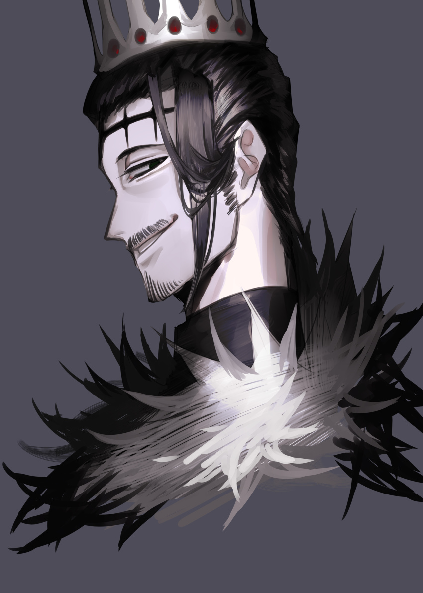 1boy absurdres black_clover black_hair black_shirt crown dante_zogratis facial_hair facial_mark frit_2 fur_collar gem goatee green_eyes grey_background hair_behind_ear hair_slicked_back high_collar highres long_sideburns male_focus mustache narrowed_eyes portrait profile red_gemstone shirt short_hair sideburns sideways_glance simple_background single_sidelock smirk solo