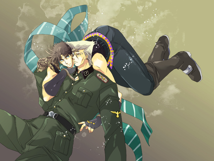2boys bad_id bad_pixiv_id blonde_hair brown_hair cyborg flattop jojo_no_kimyou_na_bouken joseph_joestar joseph_joestar_(young) kuroyuki_(96yuki) military military_uniform multiple_boys ribbon rudolph_von_stroheim scar scarf striped_clothes striped_scarf