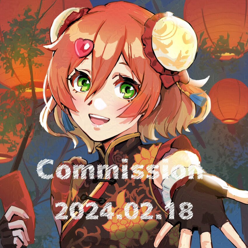 1girl black_dress black_gloves blonde_hair blush bow breasts bun_cover china_dress chinese_clothes colored_tips commentary commission dated dress english_commentary fingerless_gloves freyja_wion gloves green_eyes hair_between_eyes hair_ornament highres holding lantern looking_at_viewer macross macross_delta multicolored_hair nekkikamille orange_hair portrait red_bow sleeveless sleeveless_dress small_breasts solo tassel tassel_hair_ornament tree watermark