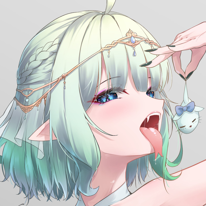 1girl ahoge blue_eyes braid close-up commentary english_commentary eyeshadow fangs fingernails forked_tongue gradient_hair green_hair green_nails grey_background half_up_braid highres holding imminent_vore indie_virtual_youtuber long_fingernails looking_at_viewer makeup mint_fantome multicolored_hair nail_polish pointy_ears portrait purple_eyeshadow saliva simple_background syxh teeth tongue tongue_out upper_teeth_only virtual_youtuber