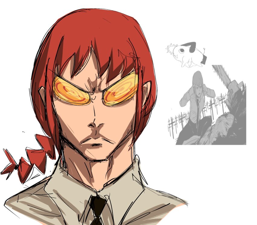 @_@ angry braid braided_ponytail chainsaw_man close-up cosplay cross denji_(chainsaw_man) frown h0ney606 highres invincible_(character) invincible_(character)_(cosplay) invincible_(series) invincible_war_oc_(meme) looking_at_viewer makima_(chainsaw_man) meme necktie office_lady parody pochita_(chainsaw_man) ponytail red_hair simple_background tagme think_mark_think!_(meme) white_background