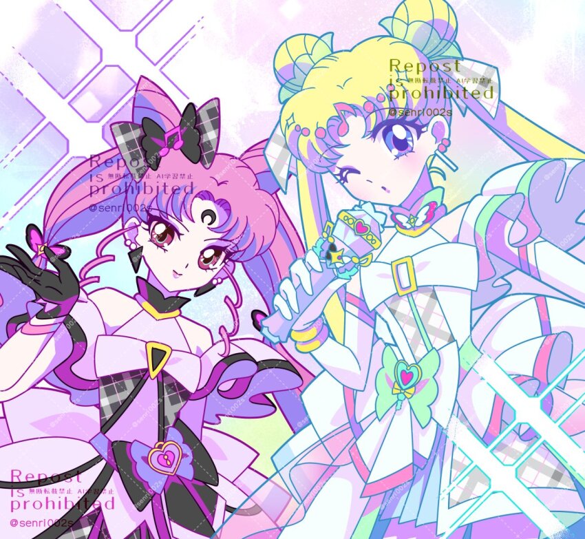 2girls alternate_costume bare_shoulders bishoujo_senshi_sailor_moon bishoujo_senshi_sailor_moon_r black_dress black_lady_(sailor_moon) black_moon_clan blonde_hair blue_eyes bow brooch chibi_usa cone_hair_bun crescent crescent_facial_mark crystal_earrings double_bun dress earrings facial_mark flower forehead_mark hair_bow hair_bun hair_ornament jewelry long_hair looking_at_viewer multiple_girls one_eye_closed pink_dress pink_hair princess_serenity red_eyes senri_bunny smile tsukino_usagi twintails very_long_hair white_dress wing_brooch