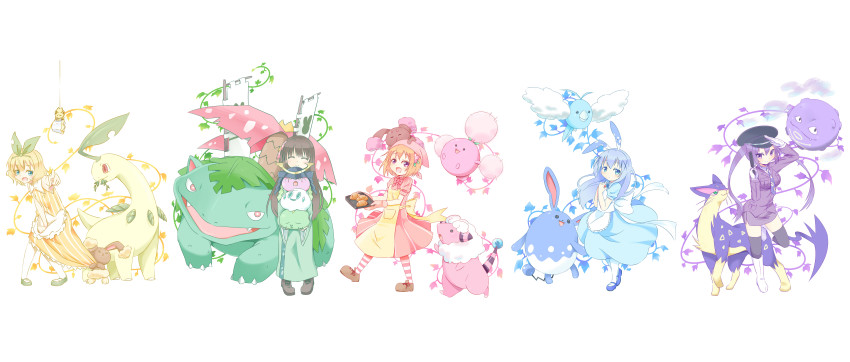5girls :d absurdres alternate_color alternate_costume animal_ears apron aqua_eyes armor azumarill bad_id bad_pixiv_id banner bare_shoulders bayleef black_headwear black_legwear blonde_hair blue_dress blue_eyes blue_footwear blue_hair blunt_bangs blush boots bow bowtie bread breast_pocket breasts brown_footwear brown_hair buneary buttons closed_eyes closed_mouth collared_shirt commentary_request crossover dress dress_tug eating facing_viewer flaaffy flat_chest flower food foreshortening frilled_apron frills full_body gen_1_pokemon gen_2_pokemon gen_3_pokemon gen_4_pokemon gen_5_pokemon gloves gochuumon_wa_usagi_desu_ka? green_footwear green_hairband green_kimono gulpin gun hair_between_eyes hair_flower hair_ornament hairband hairclip hat headscarf helmet hetareeji highres holding holding_gun holding_poke_ball holding_weapon hoppip hoto_cocoa japanese_armor japanese_clothes joltik jumpluff kabuto_(helmet) kafuu_chino kimono kirima_syaro koffing liepard light_blue_hair loafers long_hair long_sleeves looking_at_viewer medium_breasts multiple_girls necktie nintendo on_head open_mouth orange_hair own_hands_together pantyhose peaked_cap pencil_skirt pink_bow pink_bowtie pink_dress pink_flower pink_headscarf plant pocket pointing pointing_at_viewer poke_ball pokemon pokemon_(creature) puffy_short_sleeves puffy_sleeves purple_bow purple_eyes purple_hair purple_necktie purple_skirt rabbit_ears salute sashimono shiny_pokemon shirt shoes short_hair short_sleeves sidelocks simple_background skirt sleeveless sleeveless_dress smile standing standing_on_one_leg striped_clothes striped_dress swablu sweatdrop tedeza_rize thighhighs tray tsurime twintails ujimatsu_chiya vanillite venusaur very_long_hair vines waist_apron weapon white_apron white_background white_footwear white_gloves white_legwear white_shirt wide_sleeves wing_collar x_hair_ornament yellow_apron yellow_dress