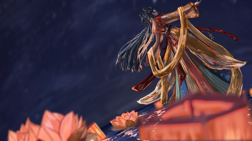 1girl aqua_skirt back_ribbon black_hair cloud cloudy_sky double_bun dutch_angle floral_print flower full_body hair_bun hair_ribbon highres infinity_nikki lake lantern long_hair long_skirt long_sleeves lotus new_year&#039;s_dawn_(infinity_nikki) night night_sky nikki_(series) nona_(qrown9) orange_flower orange_hanfu outdoors outstretched_arms paper_lantern pleated_skirt red_ribbon ribbon shawl skirt sky solo standing very_long_hair walking walking_on_liquid wide_sleeves wind yellow_shawl
