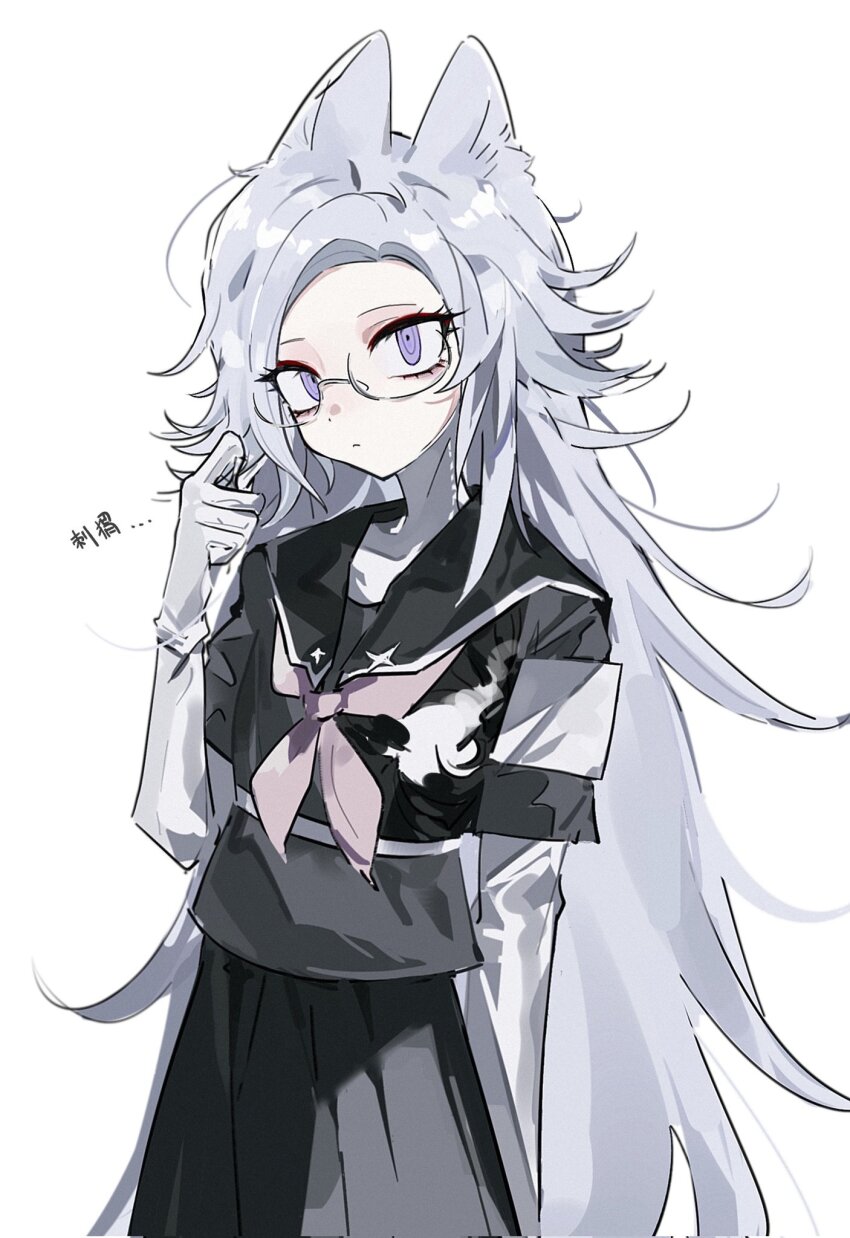 1girl ac_warlock animal_ears aotsuki_eito arm_up armband black_serafuku black_skirt bow eyeliner genderswap genderswap_(mtf) glasses gloves highres hole_in_chest hole_on_body kemonomimi_mode last_defense_academy_school_uniform looking_at_viewer makeup pink_bow purple_eyes red_eyeliner school_uniform serafuku simple_background skirt solo the_hundred_line_-last_defense_academy- white_armband white_gloves