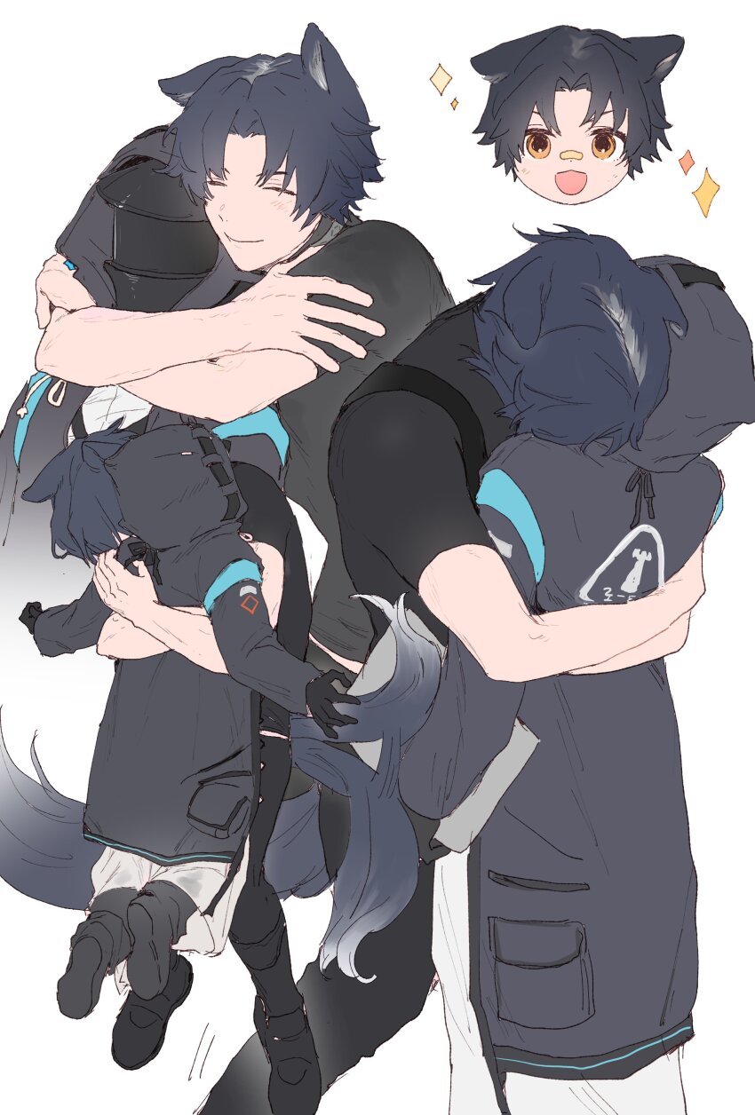 1boy 1other absurdres animal_ears arknights arms_around_neck black_coat black_shirt blue_hair carrying carrying_person coat dal-gi doctor_(arknights) dog_boy dog_ears dog_tail highres hood hood_up hug hug_from_behind multiple_views orange_eyes shirt short_hair simple_background tail tail_wagging white_background windflit_(arknights)